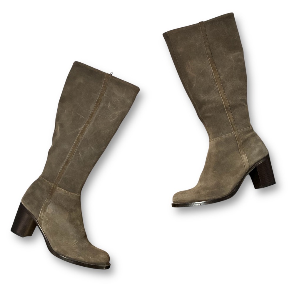 La Canadienne Suede Knee High Boots Block Heel Side Zip Stone Taupe Women's 9.5M